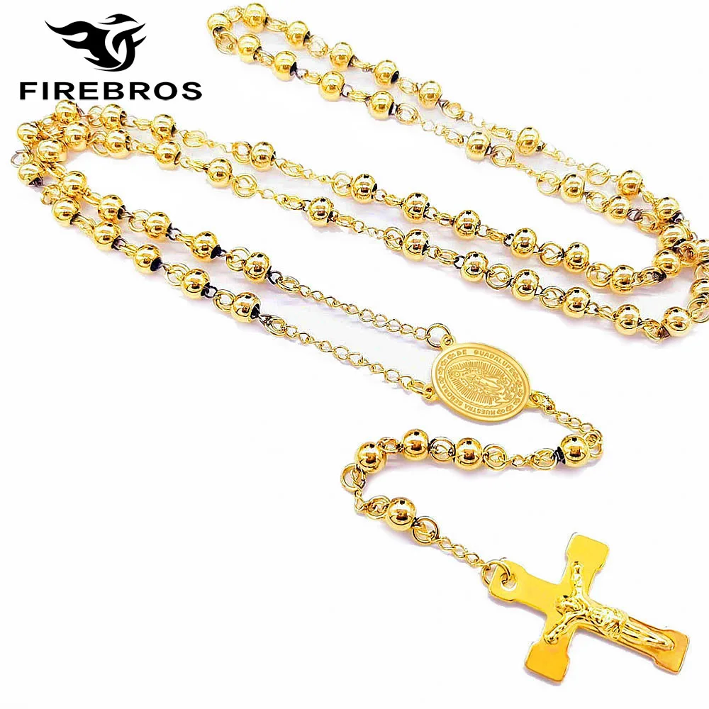 FIREBROS 6mm Beads Long Chain Catholic Rosary Necklace Stainless Steel Jesus Crucifix Cross Pendant Men Women Religious Jewelry