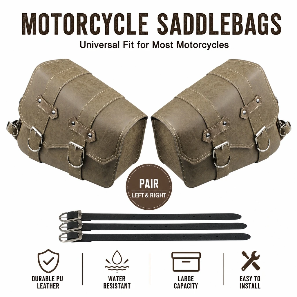 Vintage Motorcycle Side Saddle Bag, Retro Triangle Tool Pouch, Motorbike Storage Water‑cup Holder, Left Bag, Right Bag, Brown