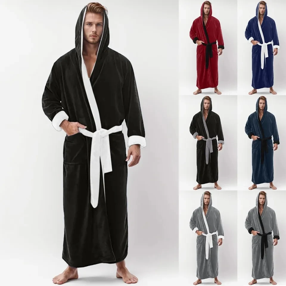 

Plus Size Men's Plush Bathrobe Soft Absorbent Hooded Sleep Robe With Pockets Male Fleece Nightgown Mens Bathrobes Home Clothes