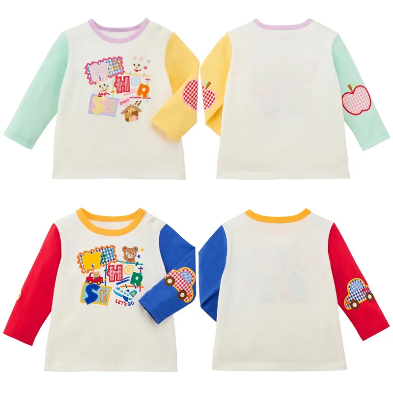 2026 Japanese Autumn Long Sleeve T-Shirt for Boys & Girls Bear Rabbit Applique Colorblock Cute Baby Inner Top Soft Cotton Fabric