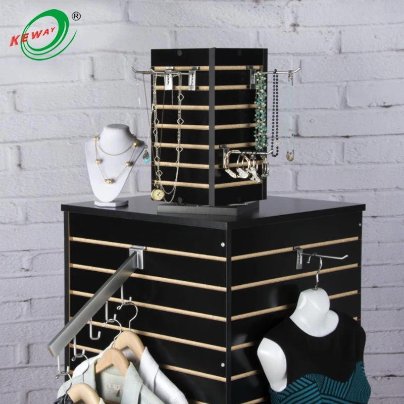 Custom.HIKUYA MDF Rotated Slatwall Display Stand With Metal 4 Side  Rotating Display Stand Counter Display  for Shopping Store