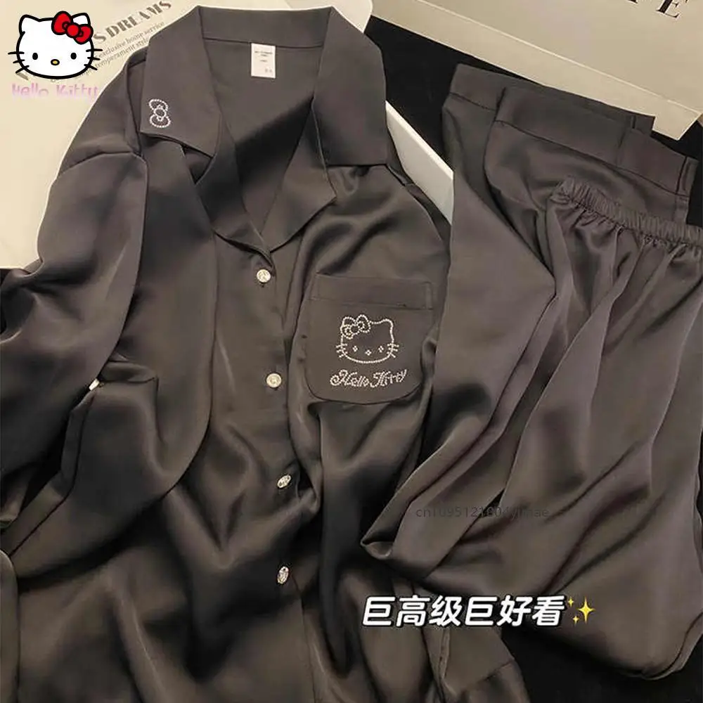 

Kawaii Hello Kitty Sanrios аниме мультфильм женский пижамный комплект с инкрустацией бриллиантами ледяной шелк с лацканами модная повседневная домашняя одежда с длинными рукавами