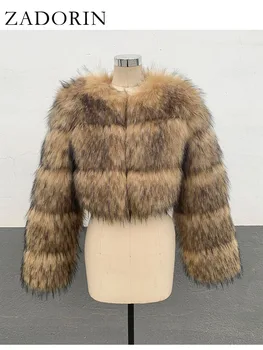 Cropped Faux Fur Coat 3 ZADORIN High Quality Cropped Faux Raccoon Fur Coat Woman Winter Fashion O Neck Long Sleeve Fluffy Short Faux Fur Jacket Crop Top 3