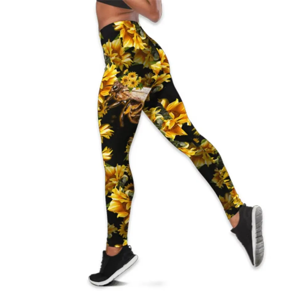 CLOOCL Dameslegging Mooie bijenprint Hoge taille Elasticiteit Legging 3D Mode Joggingbroek voor dames Fitnessbroek