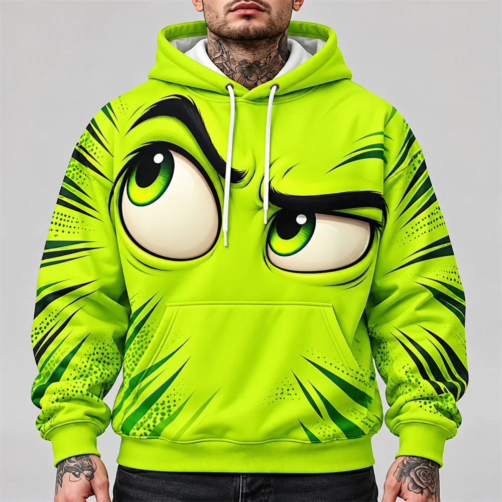 Big Cartoon Eyes Hoodie for Men Funny Angry Wink 3D Printed Pullover Hoodie Colorful Gaze Graphic Hooded Sweatshirt Streetwear