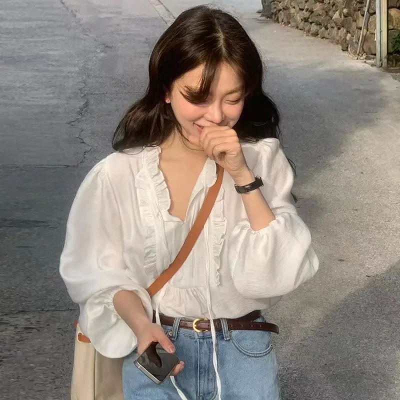 

White V-Ne Chiffon irt Women's Spring Autumn New Sle Faion Bubble Sve Loose Belted Top Pure Color Commute Sle Lo...