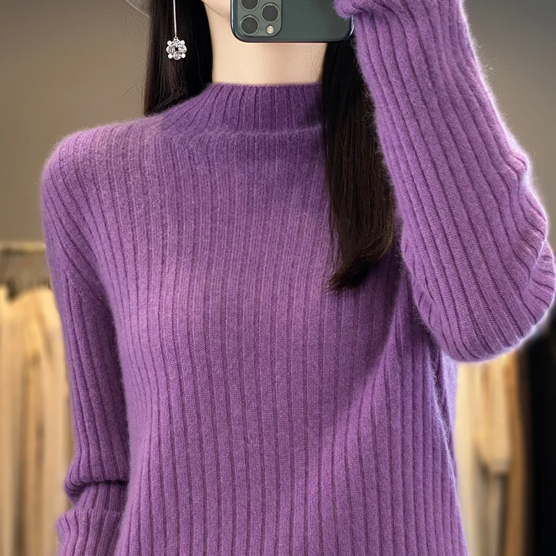 

Autumn Winter Women 100% Merino Wool Sweater Mock Neck Pullover Vertical Pit Strip Long Sleeve Knitwear Slim Warm Bottoming Tops