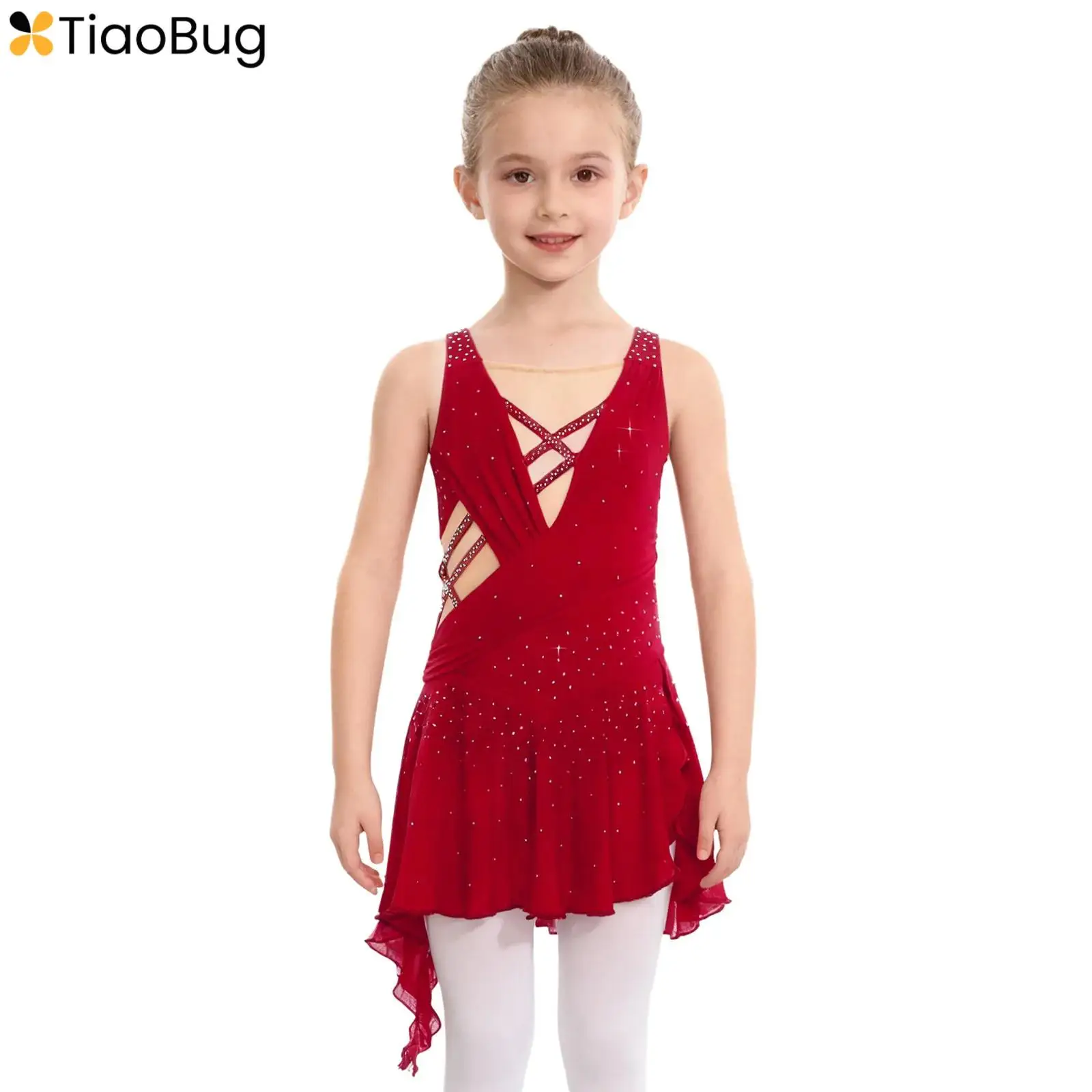 

Kids Girls Shiny Rhinestones Ballet Lyrical Dance Dress Sleeveless Crisscross V-Back Sheer Mesh Splice Side Slit Leotard Dresses