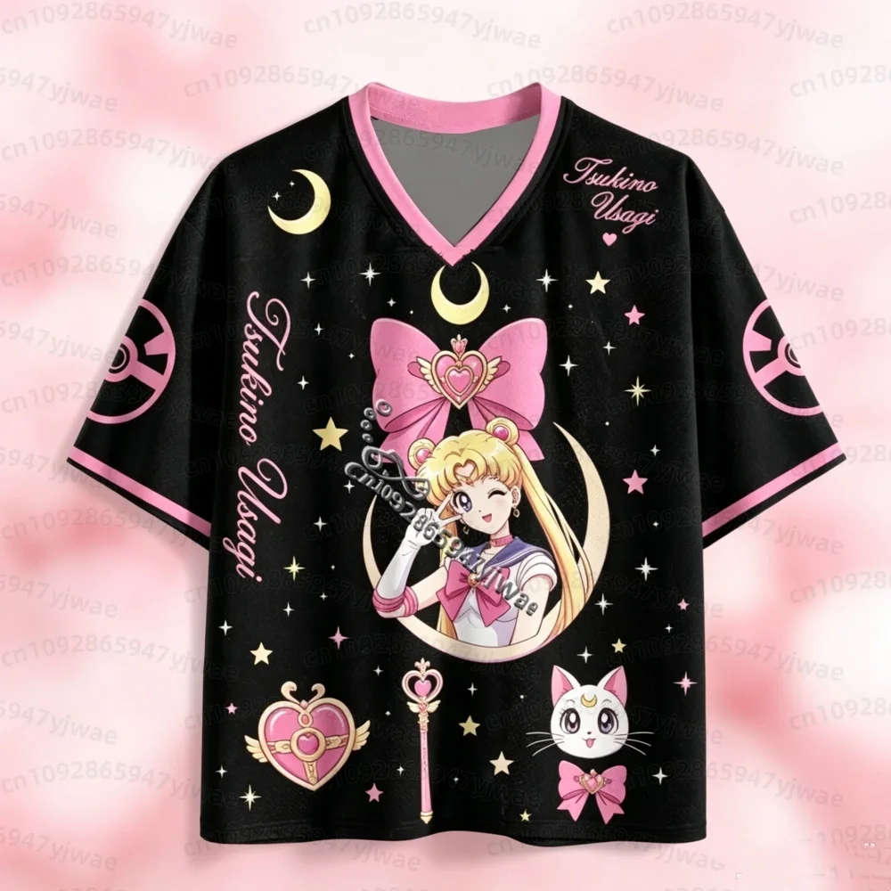 26 Sailor Moon Anime Mesh Jersey T-Shirt Tsukino Usagi Print V Neck Short Sleeve Tee Women Men Harajuku Streetwear Men T-Shirt view 5