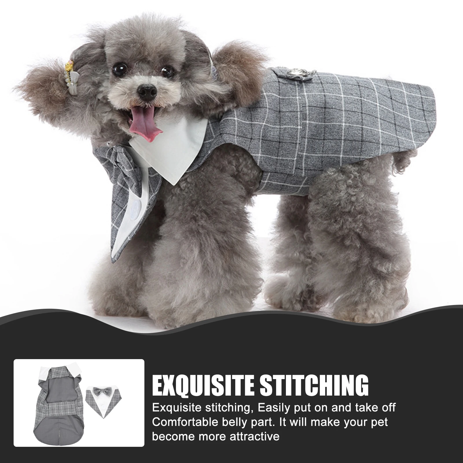 

Pet Dog Suit Grey Tuxedo Wedding Formal Wear Gentleman Attire Decorative Buttons Bow Tie Comfortable Dog Clothes