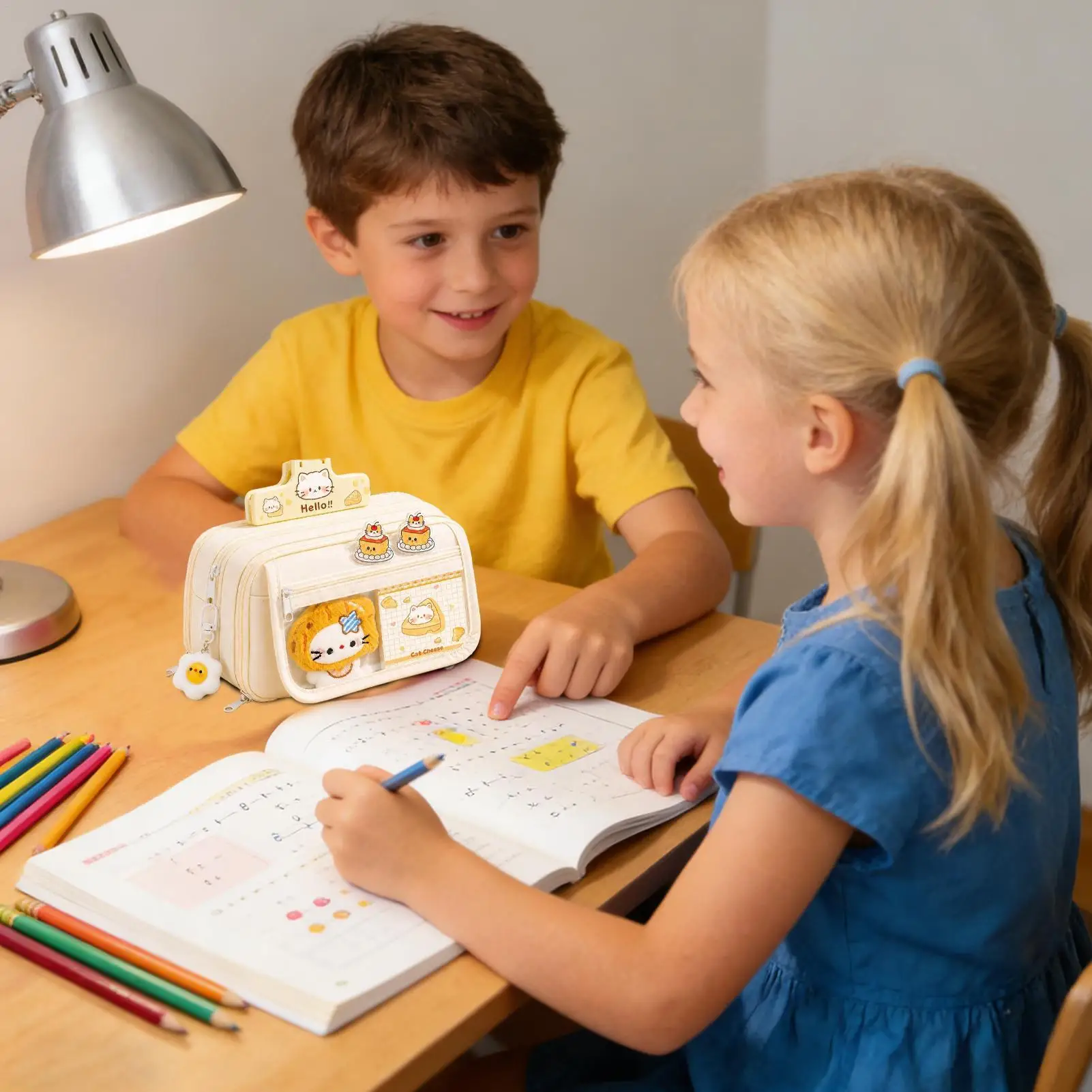 Pencil Case Set Cheese Cat Design High Capacity Stationery Set School Supplies Pencil Case For School Art Drawing Coloring
