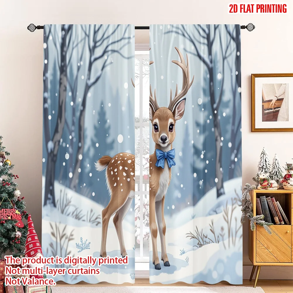 

2pcs 2D flat printing Christmas Curtain Cute fawn winter forest bow Polyester Fabric Without Electricity Festive Curtains