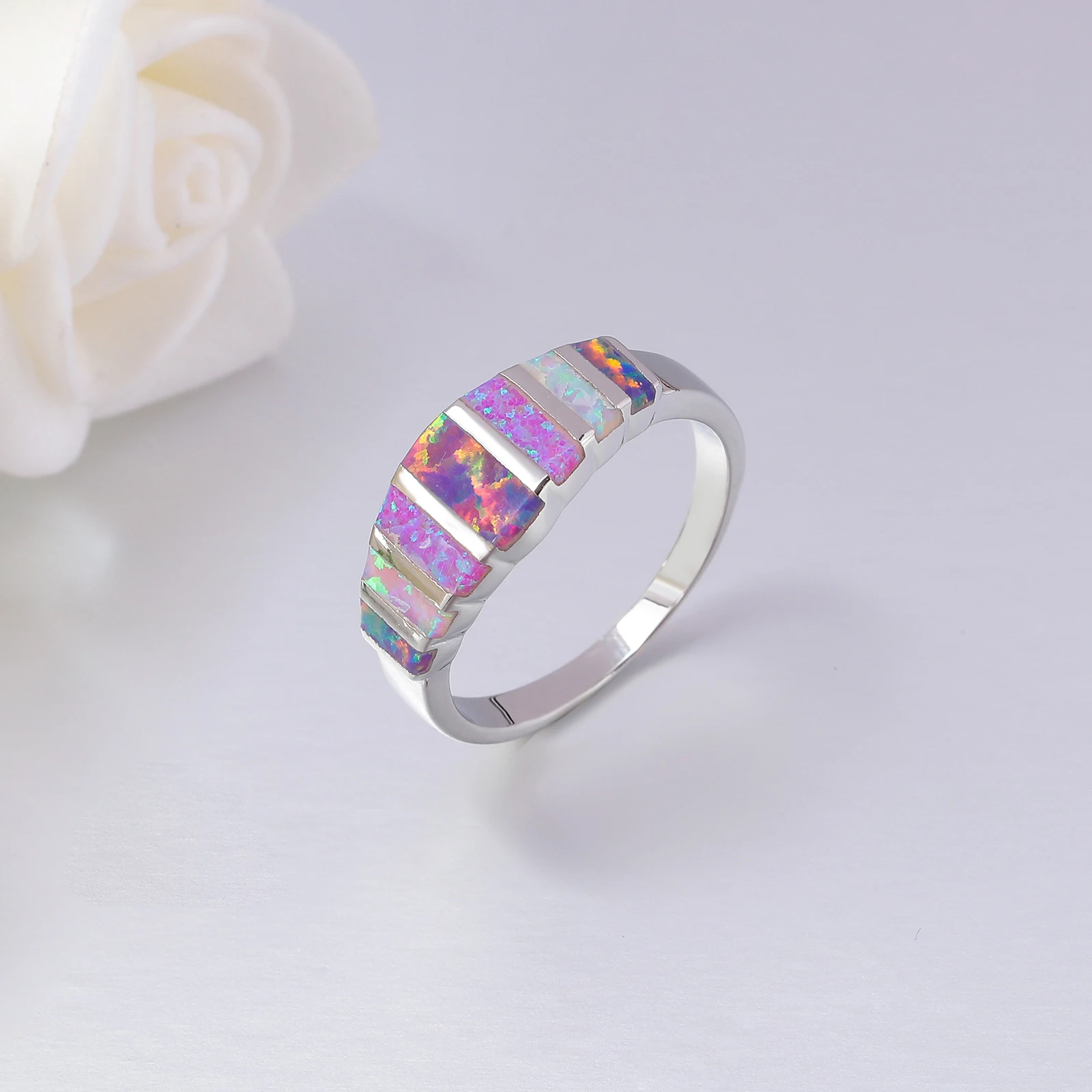 CiNily Rainbow Big Fire Opal Stone Rings Silver Plated Blue White Pink Colorful Engagement Finger Ring Summer Jewelry Women Girl