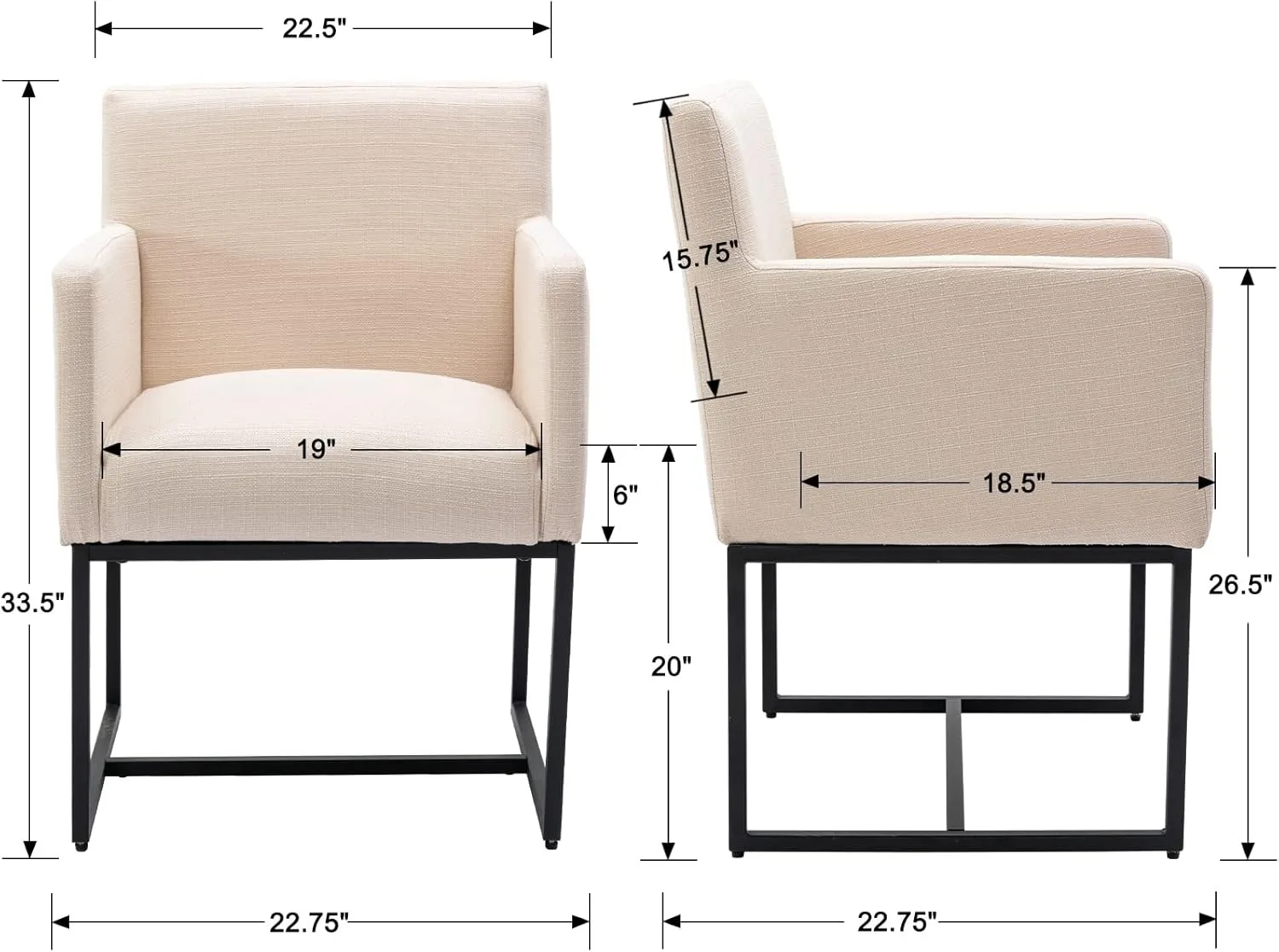 Mid Century Modern Upholstered Dining Chairs with Arms Set of 2.Linen Accent Black Finish Metal Frame.for Living Room Kitchen.