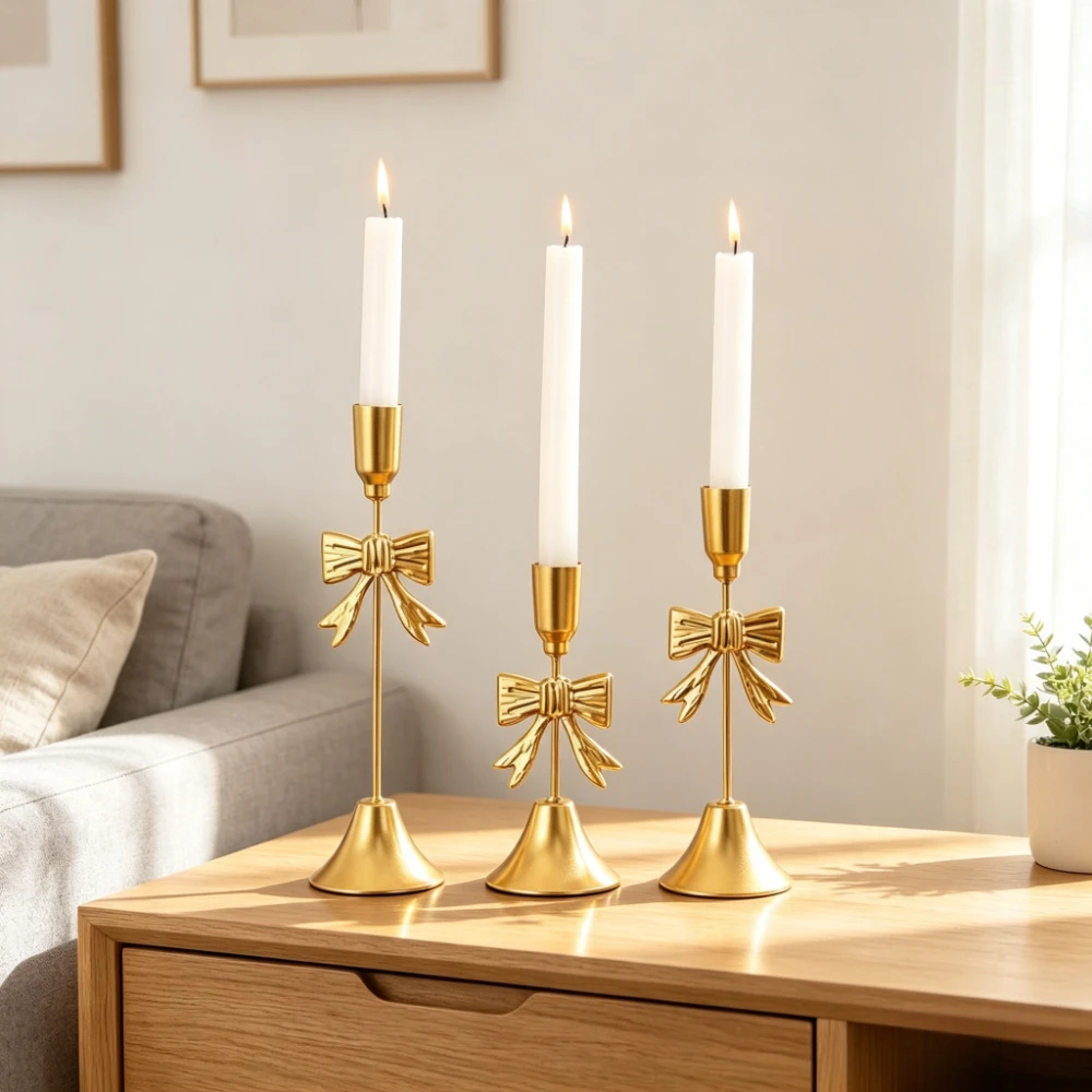 Centerpiece Stick - 3Pcs French Vintage Gold Bow Candle