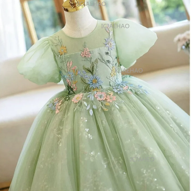 

2026 Performance Elegant Fashion Princess Gown Costume Children Girls Formal Dress Kids Birthday Party Banquet Green Host Piano