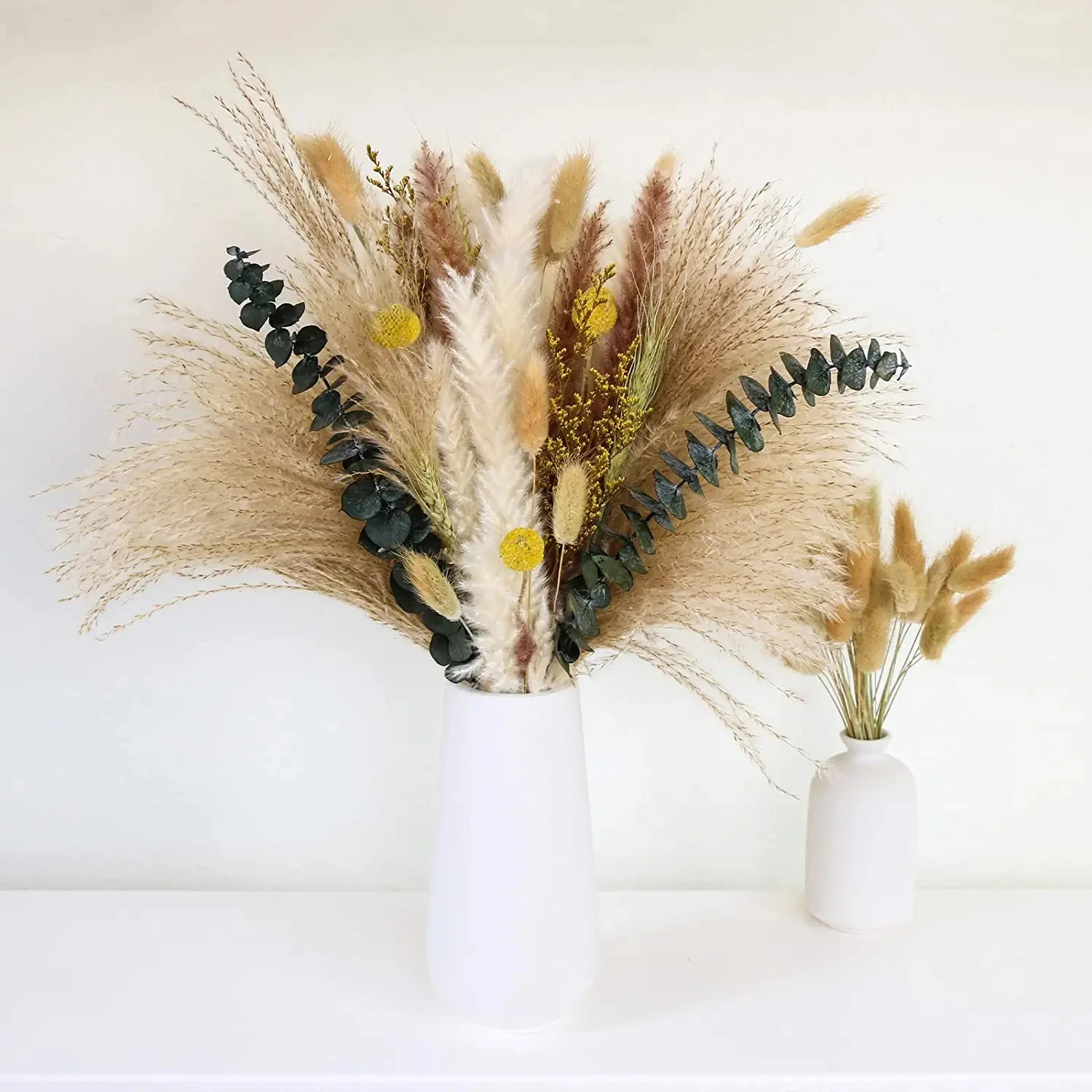 85Pcs Pampas Grass Boho Home Decor 8 Types Dried Plants with Fluffy Reed Pampas Eucalyptus Bunny Tail Wheat and Valentine's Gras