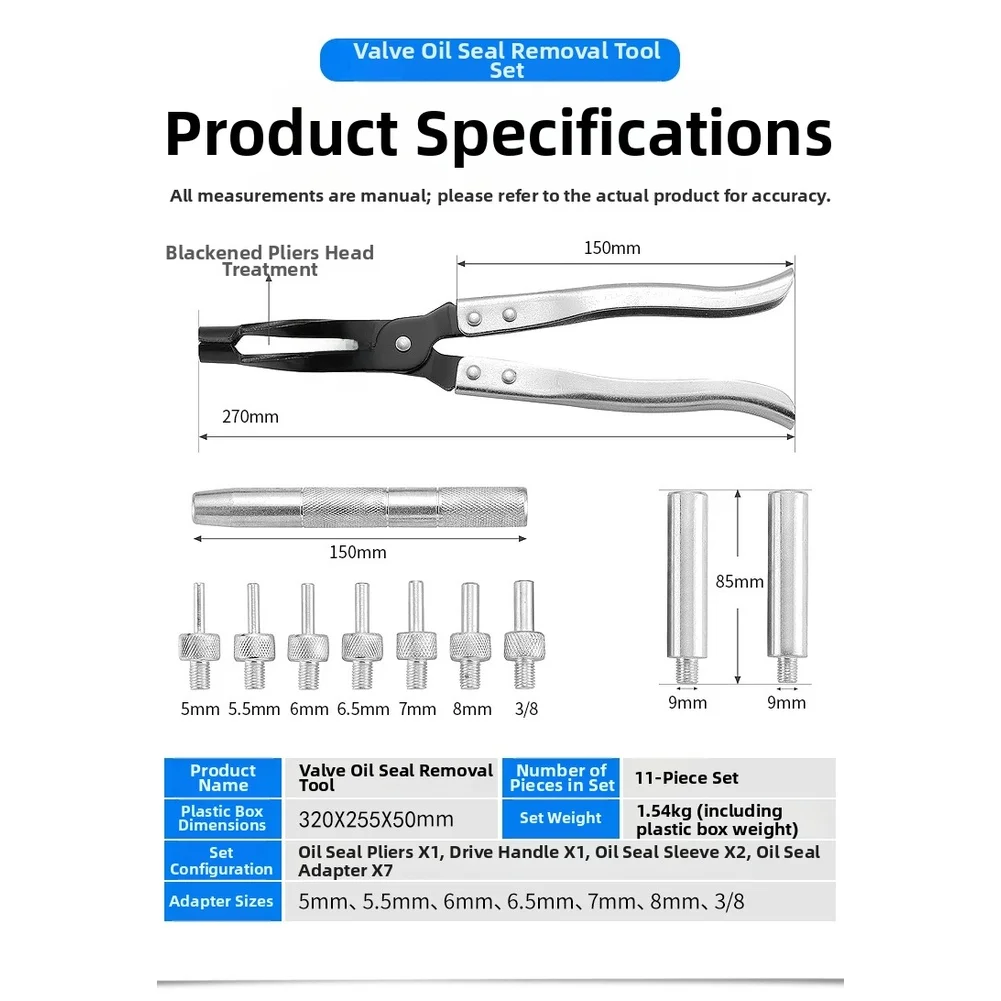 

For Car Valve Seal Removal Installation Tool Kit 11PCS with 7 Sizes Adapters Chrome Vanadium Steel Construction Easy to Use