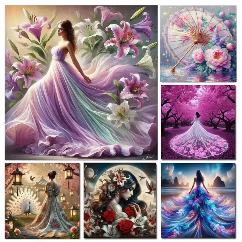 Diy Diamond Painting Jewelry Cross Stitch Sakura Lily Flowers 5D Full Diamond Mosaic Beauty Woman Wearing Long Skirt Home Decor