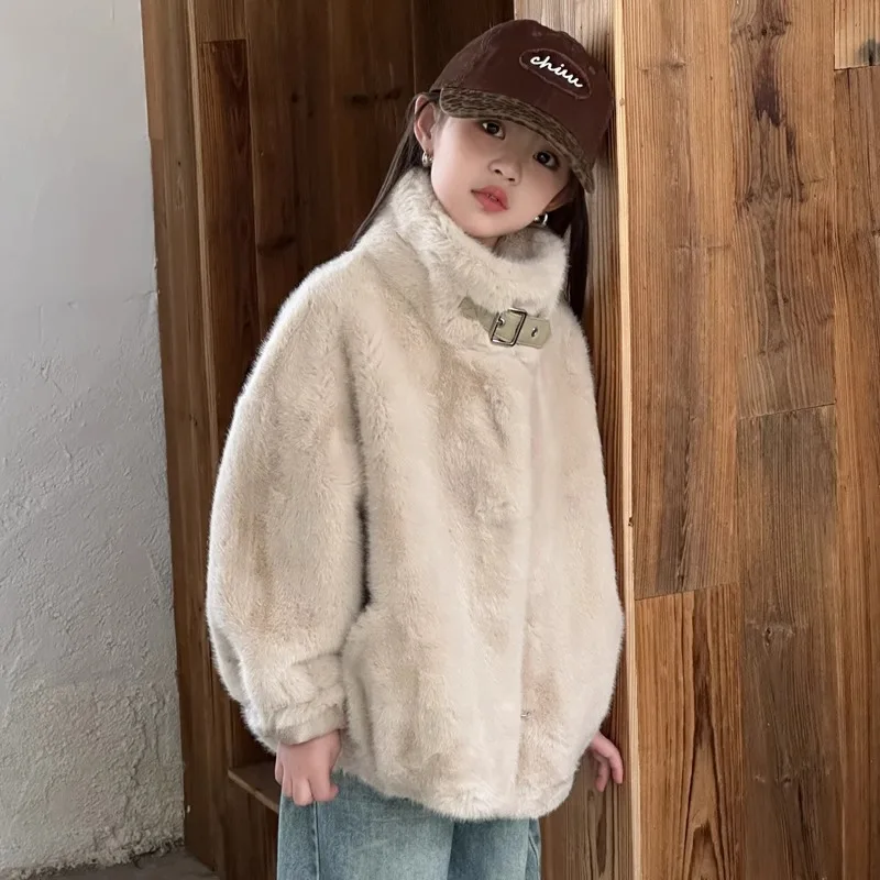Big Children's Woolen Coat Short Style with Plush Top, Girls' Fur Integrated Woolen Coat 2025 New Autumn/winter Mid Season
