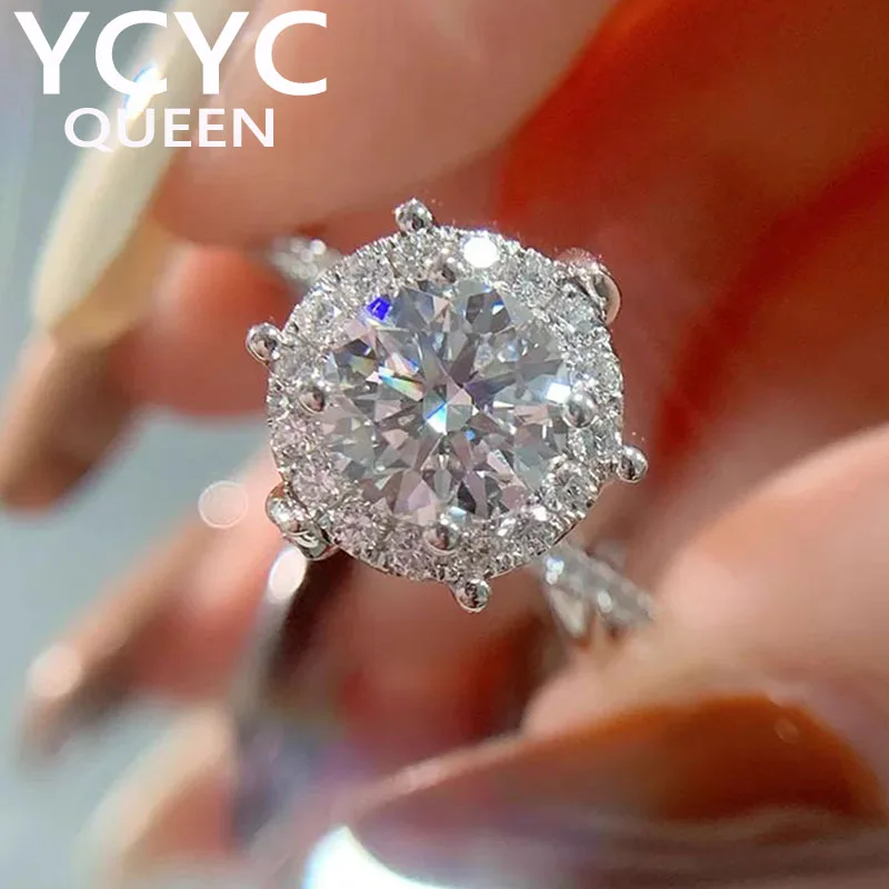 

Real Solid 14K White Gold Ring Women Engagement Anniversary Wedding Ring Round Moissanite Diamond Ring Flower Trendy