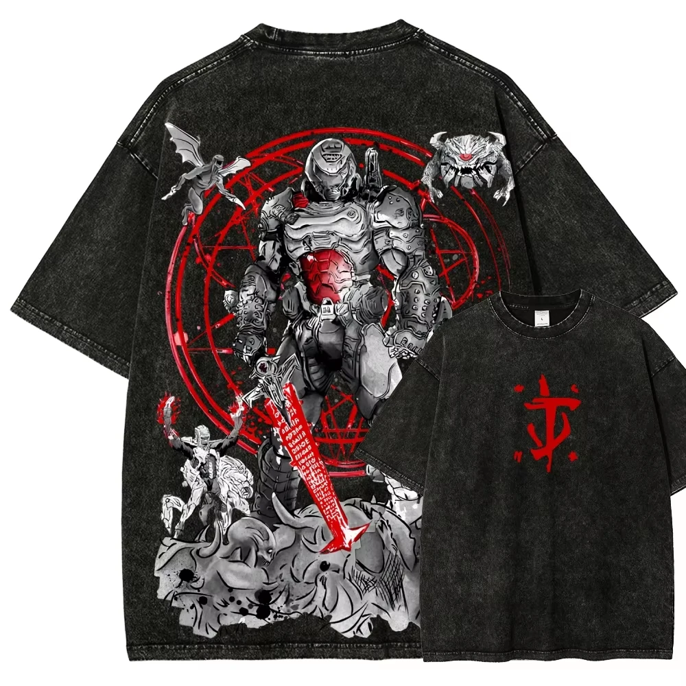 Doom Anime Lover Washed T-shirt Year Round Clothing New Model Personality Clothes Plus Size Unisex High Quality Hot Product Soft