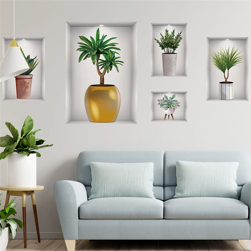 Creative Plant Pot Wall Sticker For Shop Office Studio Home Decoration Diy Pastoral Mural Art 3d Decals Natural Style Poster