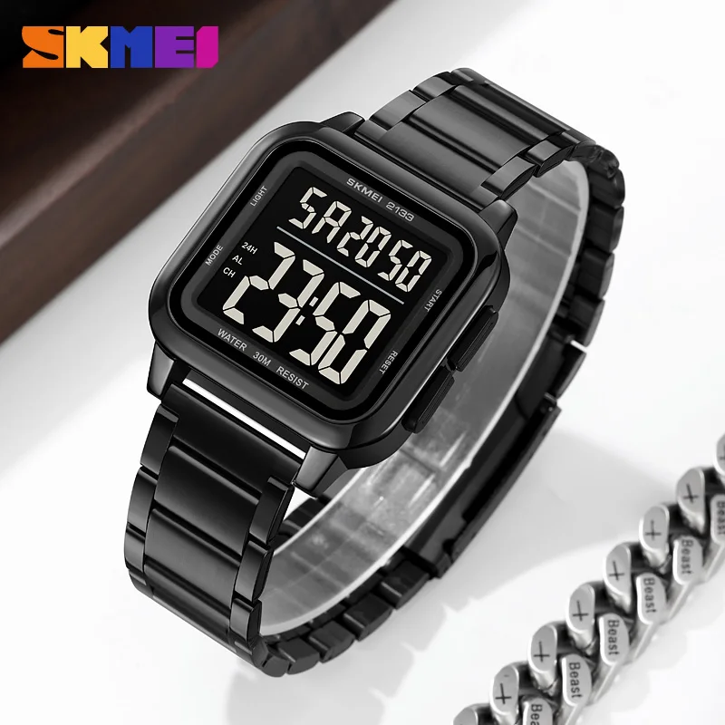 SKMEI Original Watch Stainless Steel Digital Wristwatch Countdown Stopwatch Sport Watches for Man 5 Alarm Clock Waterproof 2133