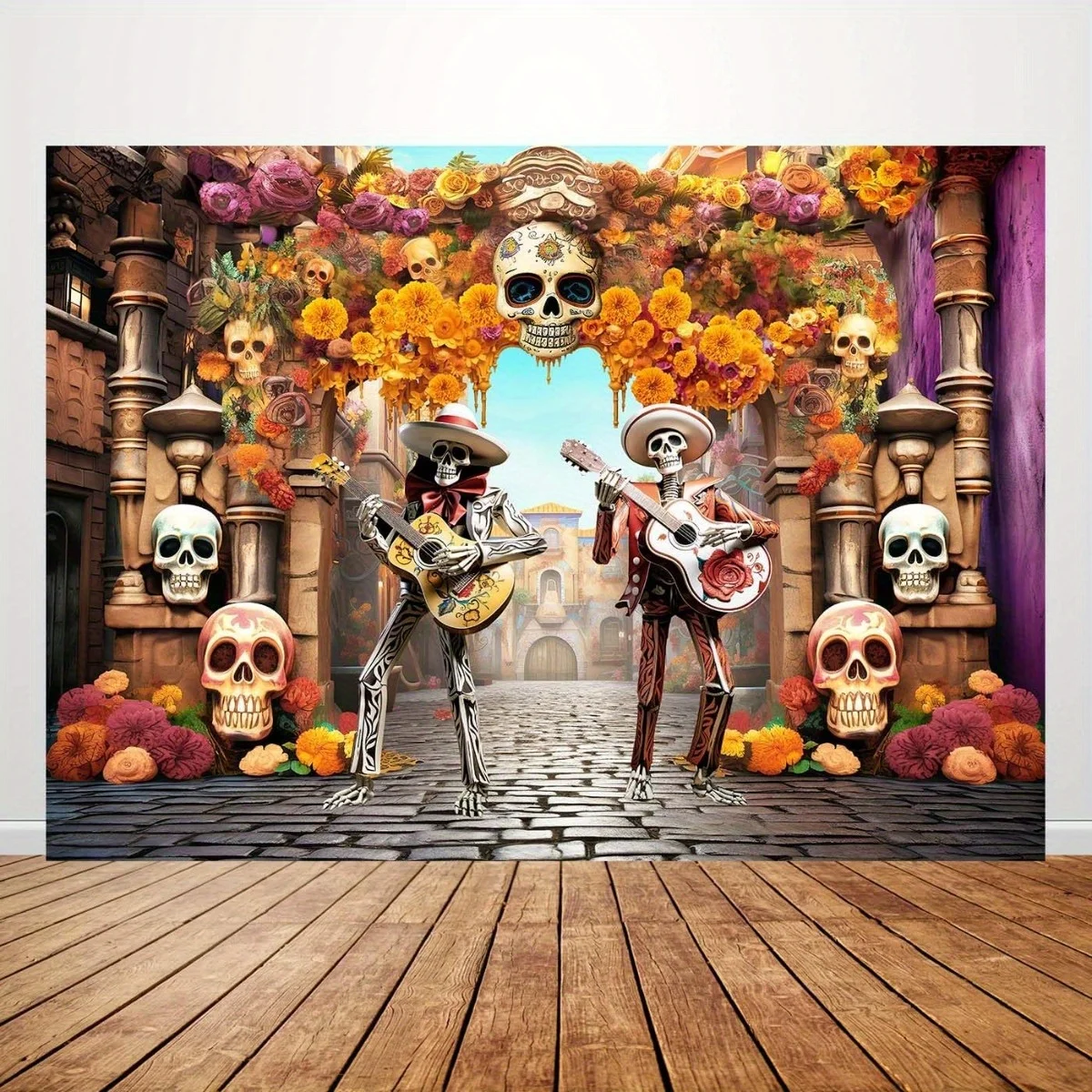 Das Feierbanner „The Day of the Dead“ – mexikanischer Tag der Toten, Hintergrundstoff, mexikanische Partydekorationen und Totenkopfmuster