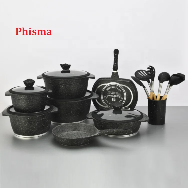 Granite Aluminium Cookware Set 22pcs Nonstick Cookware With Silicone Glass Lid And Kitchen Accessories Induction Bottom