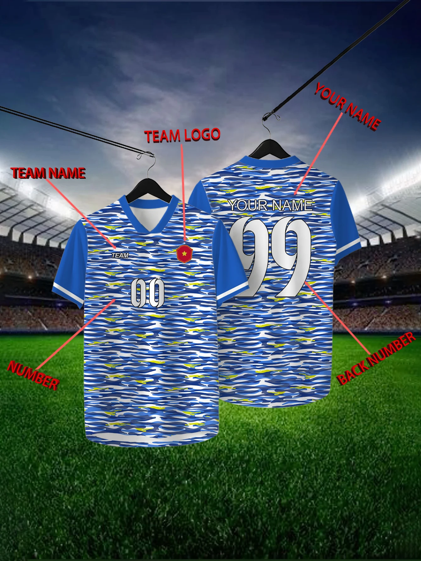 

Customized Geometric Blue Short Sleeved Shirt with Team Name, Emblem, Name and Number, Outdoor Sports Short Sleeved T-shirt