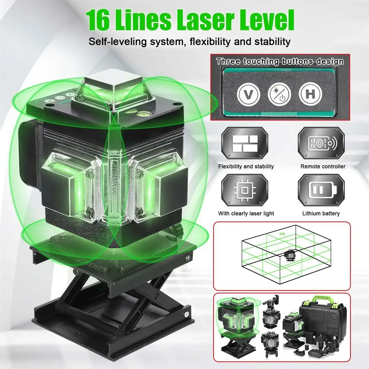 16 Lines 4D Laser Level Green Line SelfLeveling 360 Horizontal And Vertical Super Powerful Laser Level Green Beam Laser Level