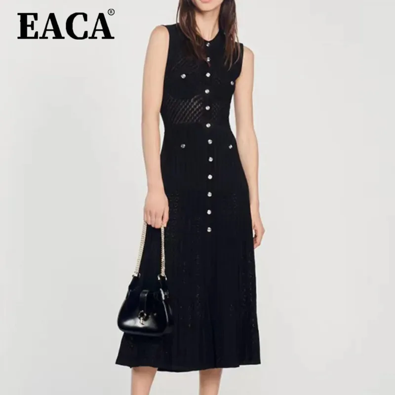 

EACA Sexy Sleeveless 2025 Summer O-neckline Single-breasted Women Knitted Elegant Slim Fitted Ladies Fashion Long Dresses