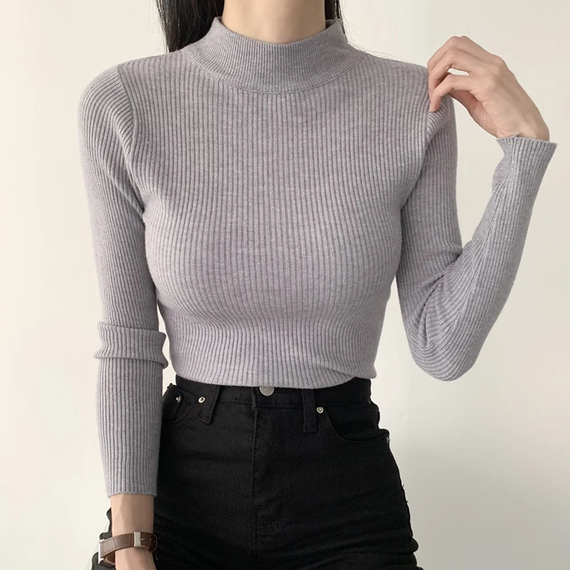 시크한 가을 겨울 슬림핏 긴팔 니트 스웨터 하이넥 스트라이프 베이스 레이어 순색 니트웨어 편안하고 부드러움