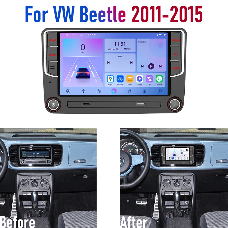 

2DIN Android 15 Car Radio for VW Beetle 2011-2015 with GPS Navi Apple Wireless Carplay BT FM Stereo Camera 7'' Display