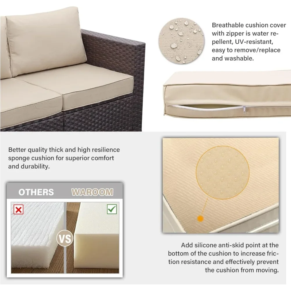 Outdoor Patio Furniture Set 4 Piece Brown Rattan Sectional Sofa Couch PE Wicker Conversation Sets with Storage Box Glass