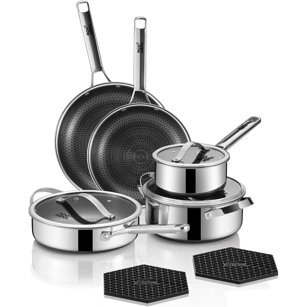 

10-Piece Stainless Steel Nonstick Cookware Set with Frying Pan, Dishwasher and Oven Safe, Suitable for All Cooktops