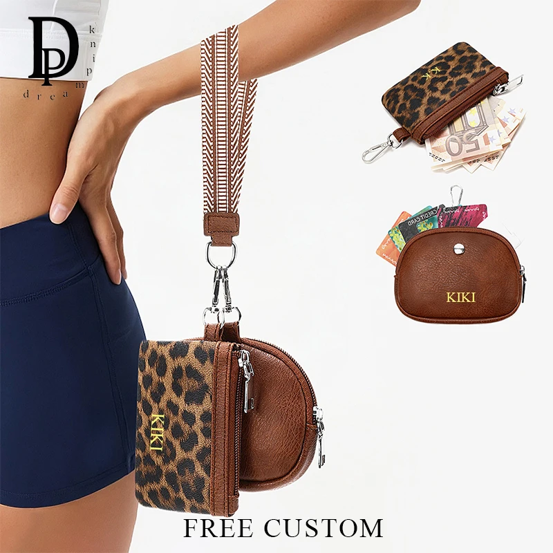 Casual Personalized Coin Purse With Wrist Strap Cow Pattern Leopard Pattern PU Leather Key Bag Woman Retro Fashion Card Wallet