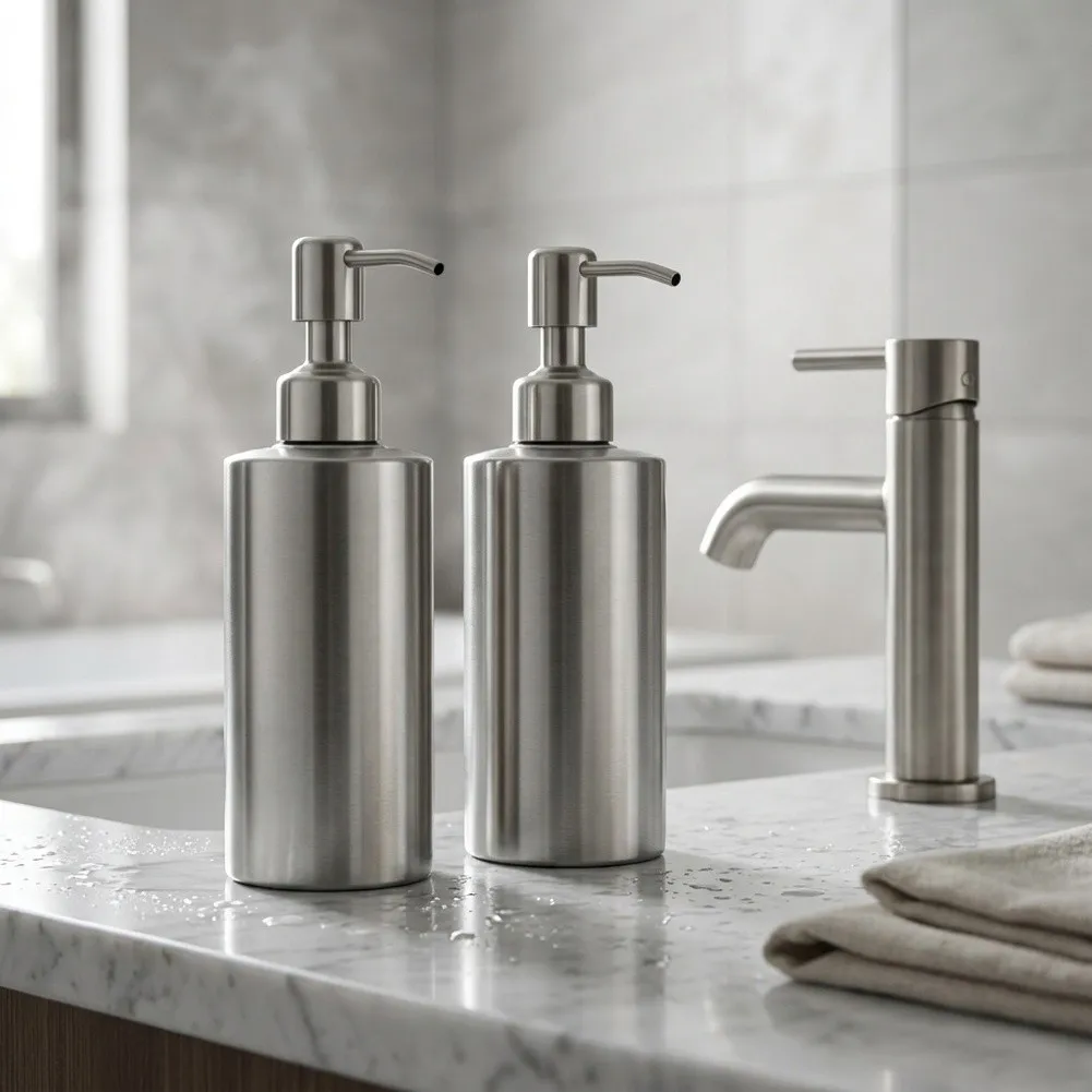 2 Pcs Stainless Steel Soap Dispenser 11.8 oz Each for Bathroom Countertop Use Featuring 304 Grade Steel and Easy Fill Design