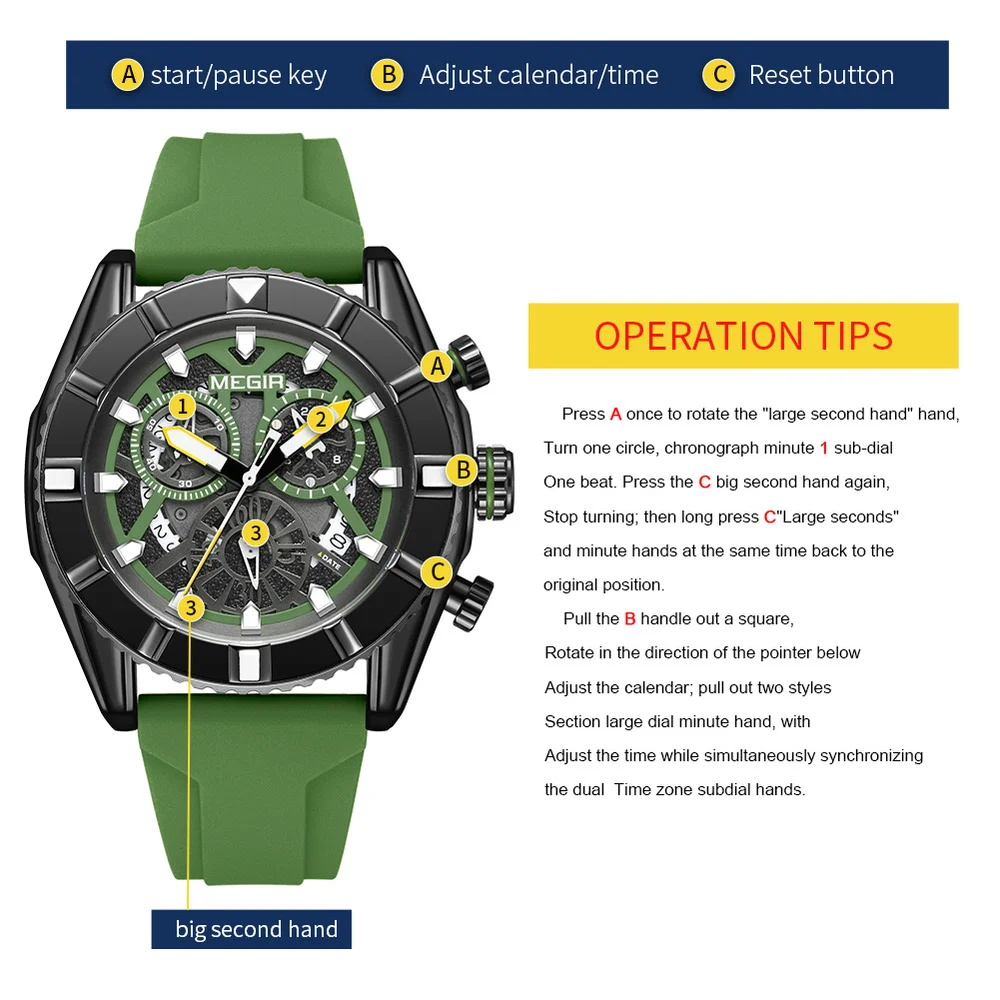 MEGIR Brand Watch Chronograph Men Quartz Watches Fashion Sports Waterproof Luminous Wristwatch Clock With Auto Date