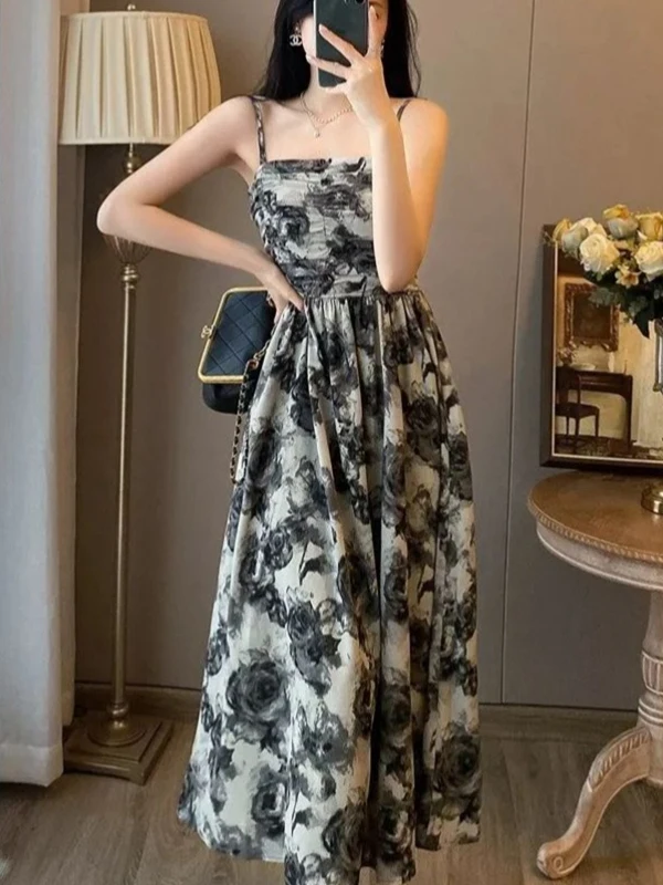 레트로 플러스 사이즈 플로럴 워터컬러 튜브 드 스트랩 웨이스트-신칭 맥시 가운 여름 디자인 센시빌리 엘레