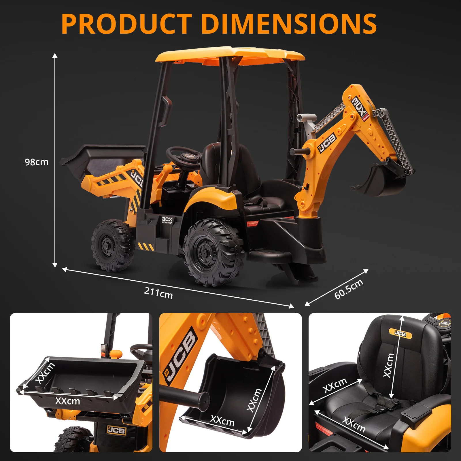 4 em 1 escavadeira JCB, brinquedo de passeio de escavadeira infantil de 12V com controle remoto e carregador frontal e escavadeira, quatro formatos transformáveis