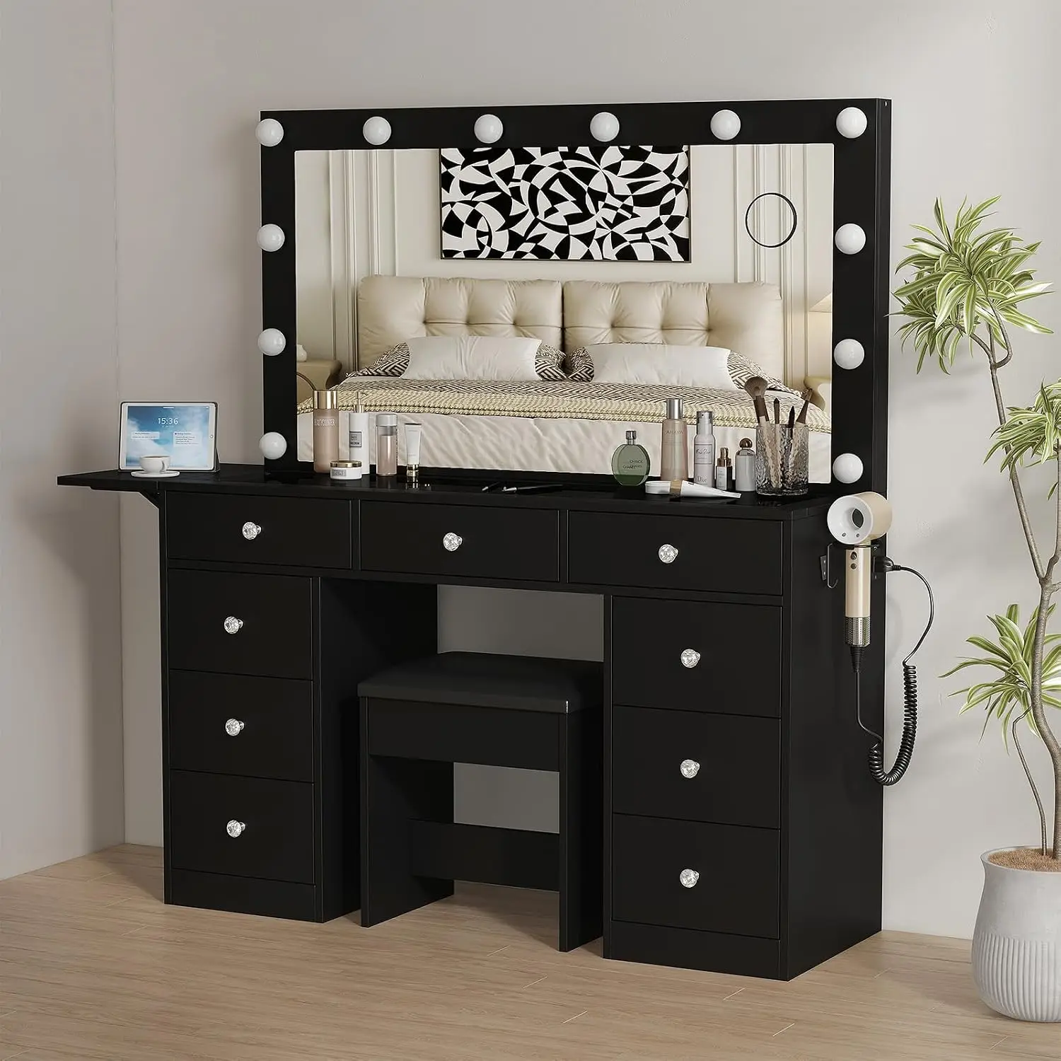 Vanity Desk with Outlet, LED Mirror Makeup Table, 9 Drawers Fold Panel, 3 Light Modes, Customized