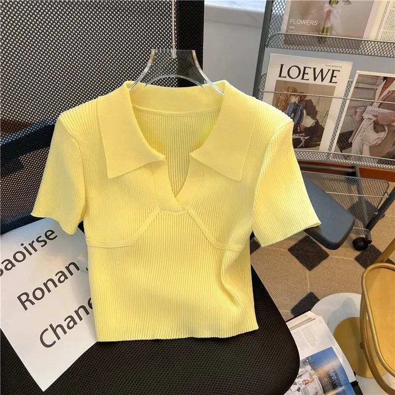 

New Summer Neck Design Sense Solid Color Women's Knitting Pullover Sweater Popular Short Sleeve Elegant Femme Jumper