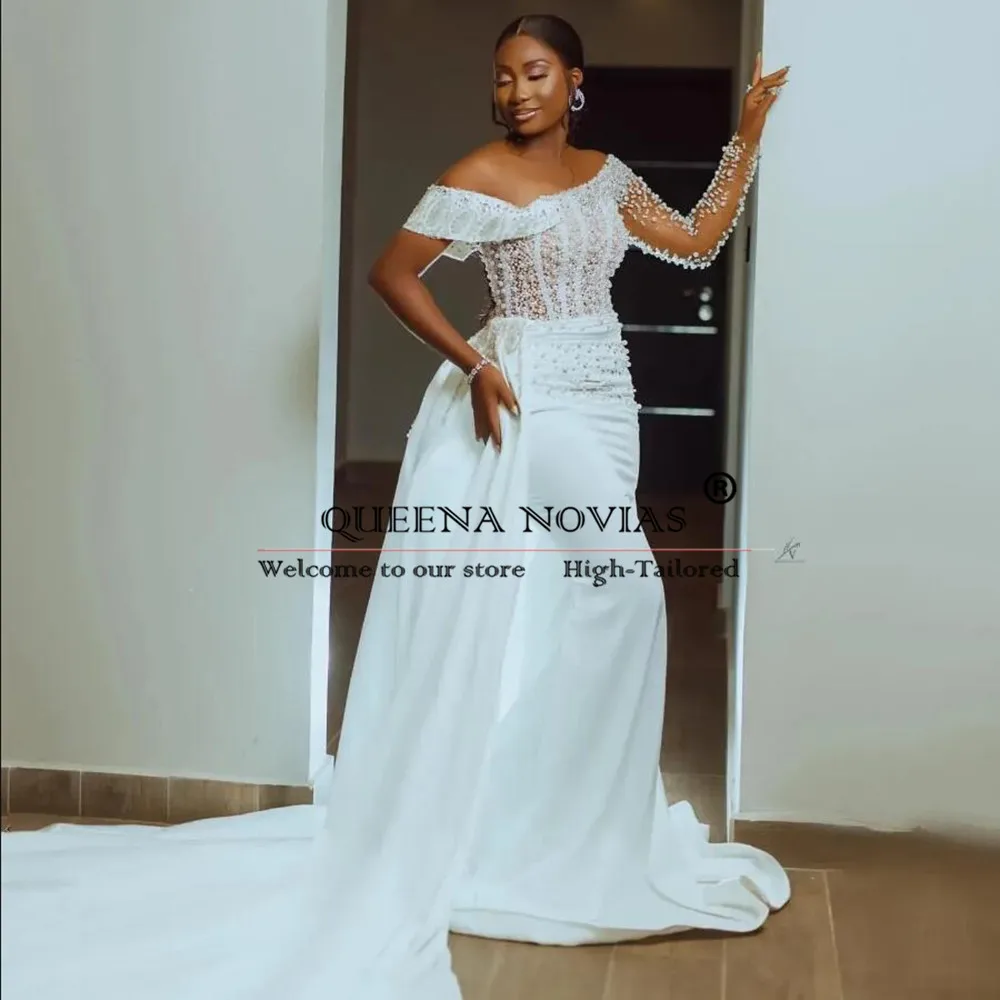 Unique Design Pearls Beaded Satin Wedding Dresses With Detachable Train One Shoulder Bride Gowns 2 Pieces Bride Party Clothing