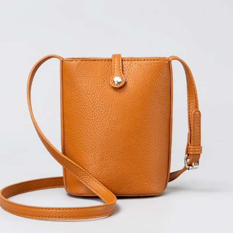 Women Mini Bucket Crossbody Phone Bag PU Leather Litchi Texture Adjustable Strap Casual Vertical Shoulder Purse for Daily Use