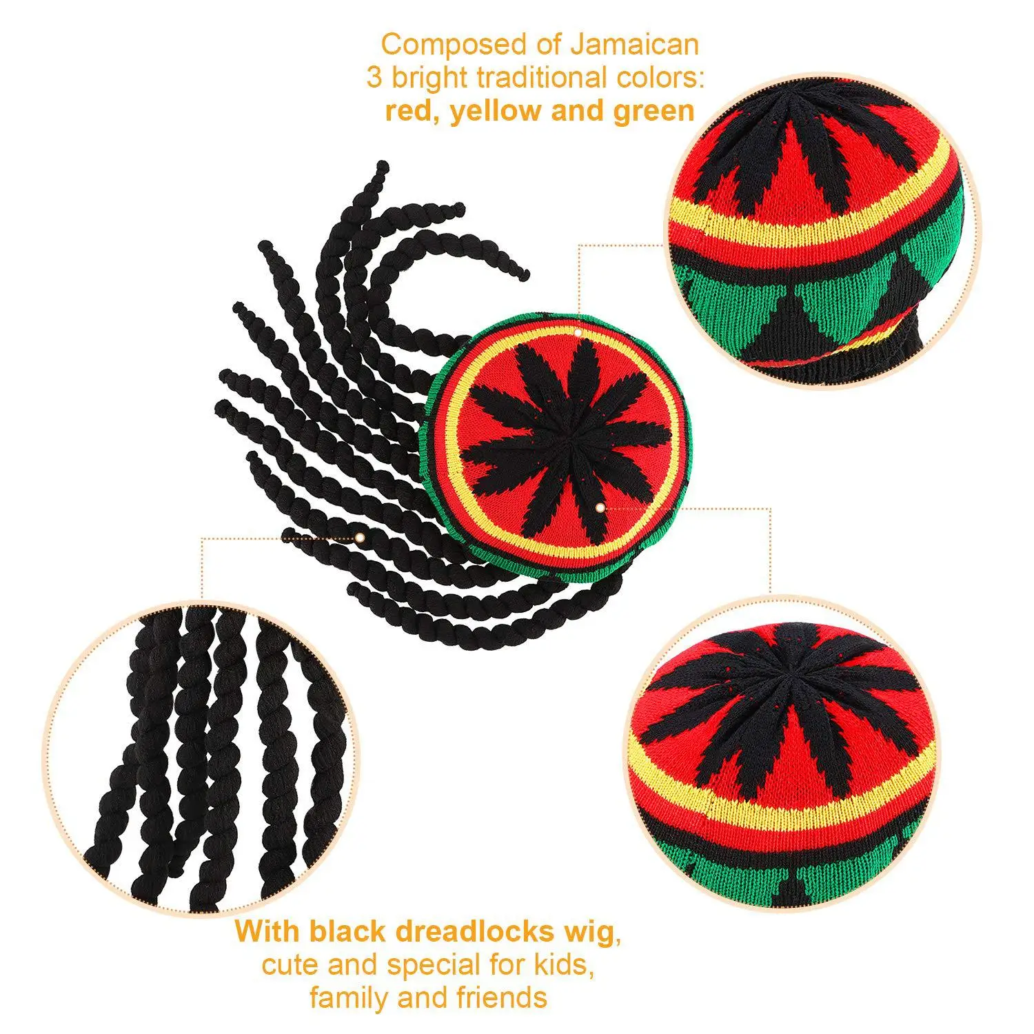  Synthetic Wig Cap Braid Knit Hat Jamaican Bob Rasta Beanie Cap Dreadlocks Wig Caribbean Pirate Hat Halloween Cosplay Headwear view 6