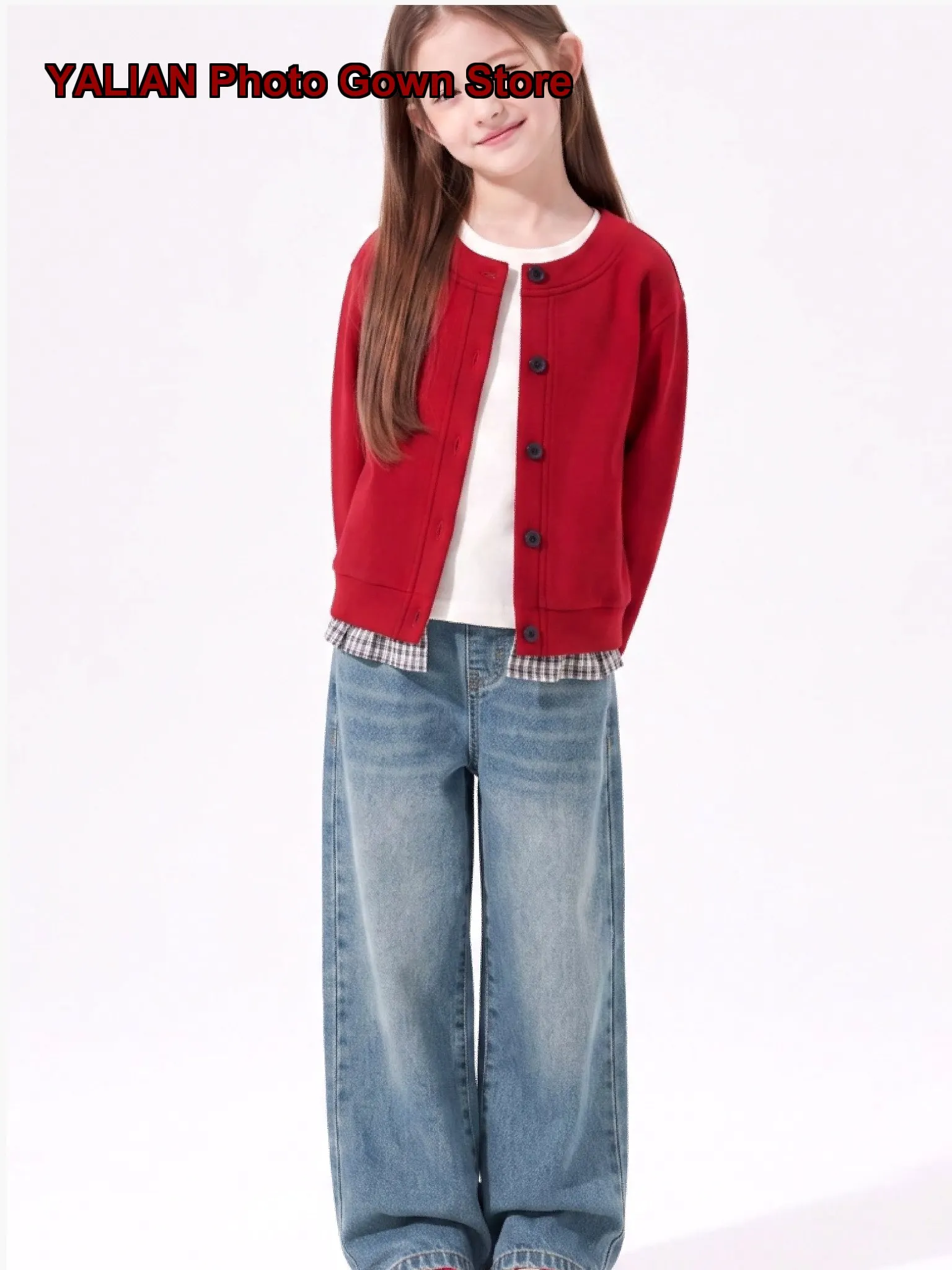 Girls Autumn Older Kids Loose Fit Red Color Block Knit Coat