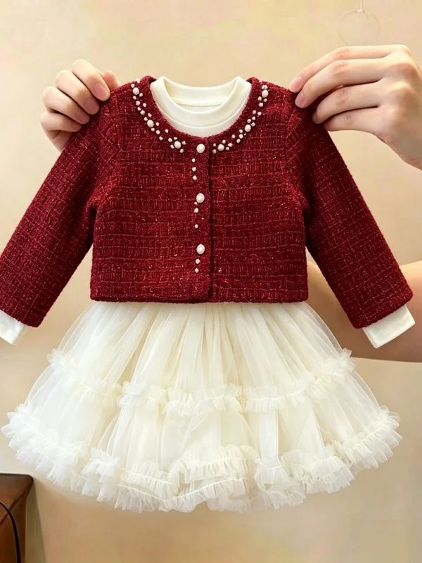 Princess Style Mesh Skirt And Blouse Set Children's Autumn Outfit Dress Elegant Children's Embroidered Pearl Little Fragrance...