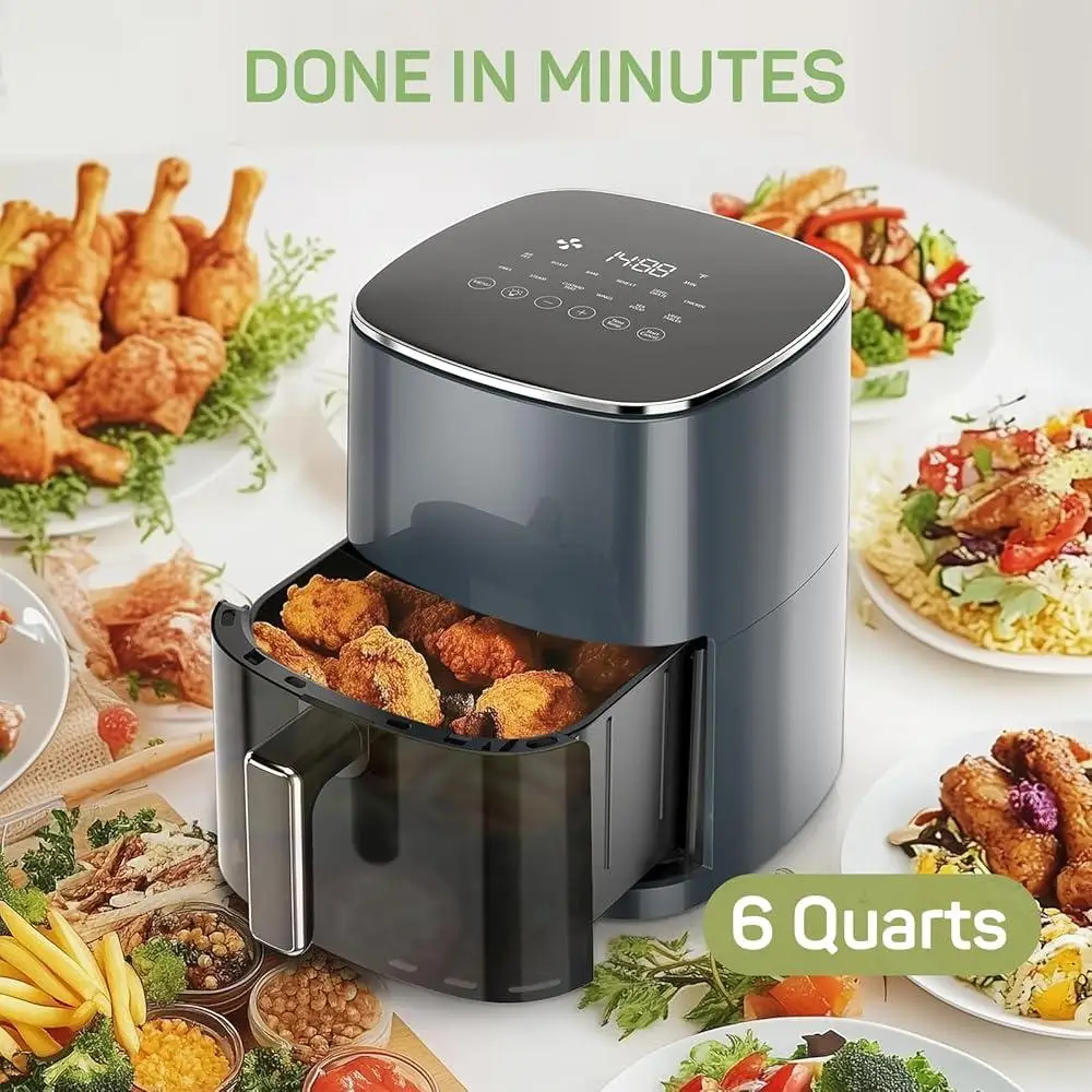 6QT Air Fryer 12in1 Functions with Viewing Window Healthier Cooking 95% Less Oil 400F Max Temperature Fries Chicken Bake Steam